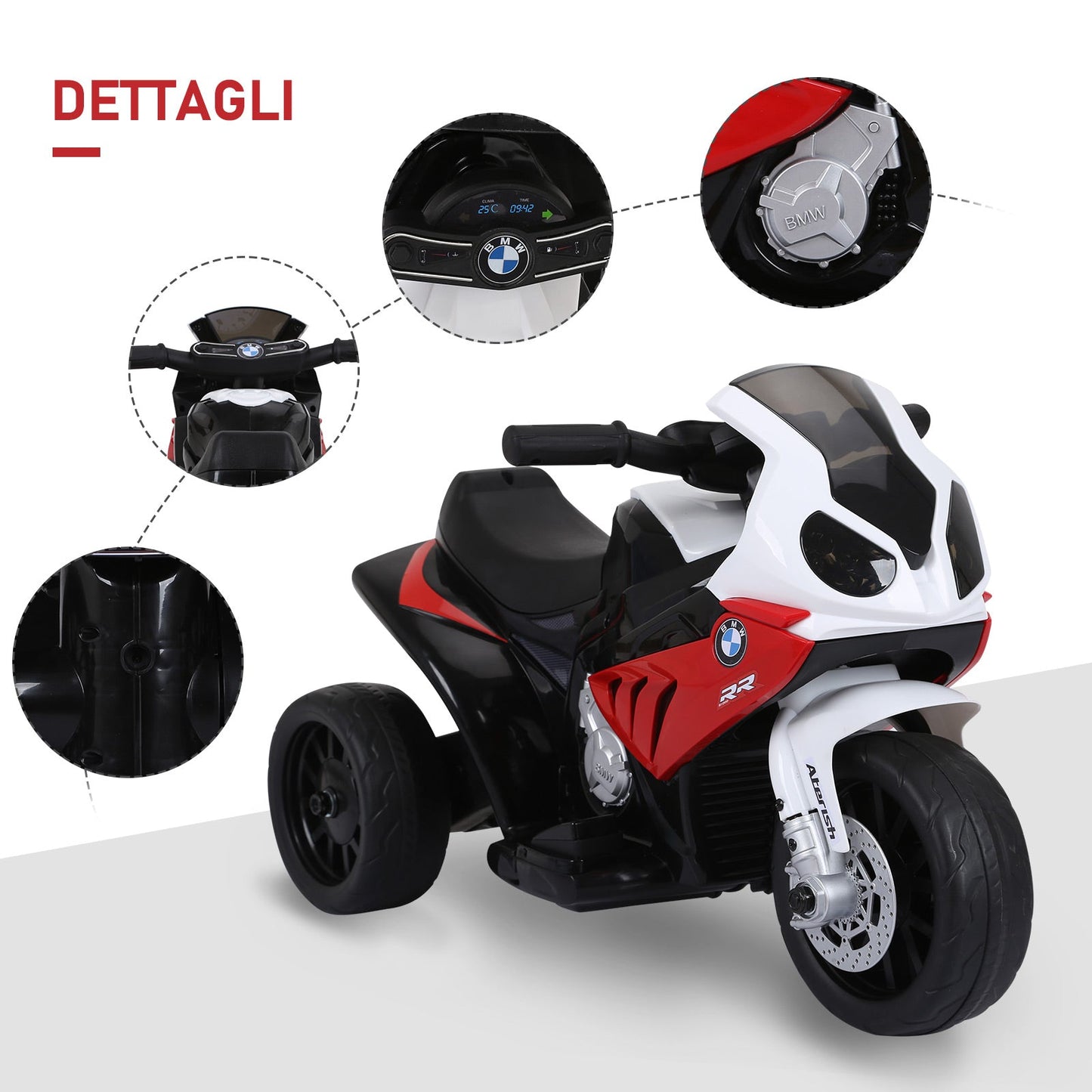 electric motorcycle for children max. 20kg with bmw license, 3 wheels, 6V rechargeable battery, red white, 66x37x44cm