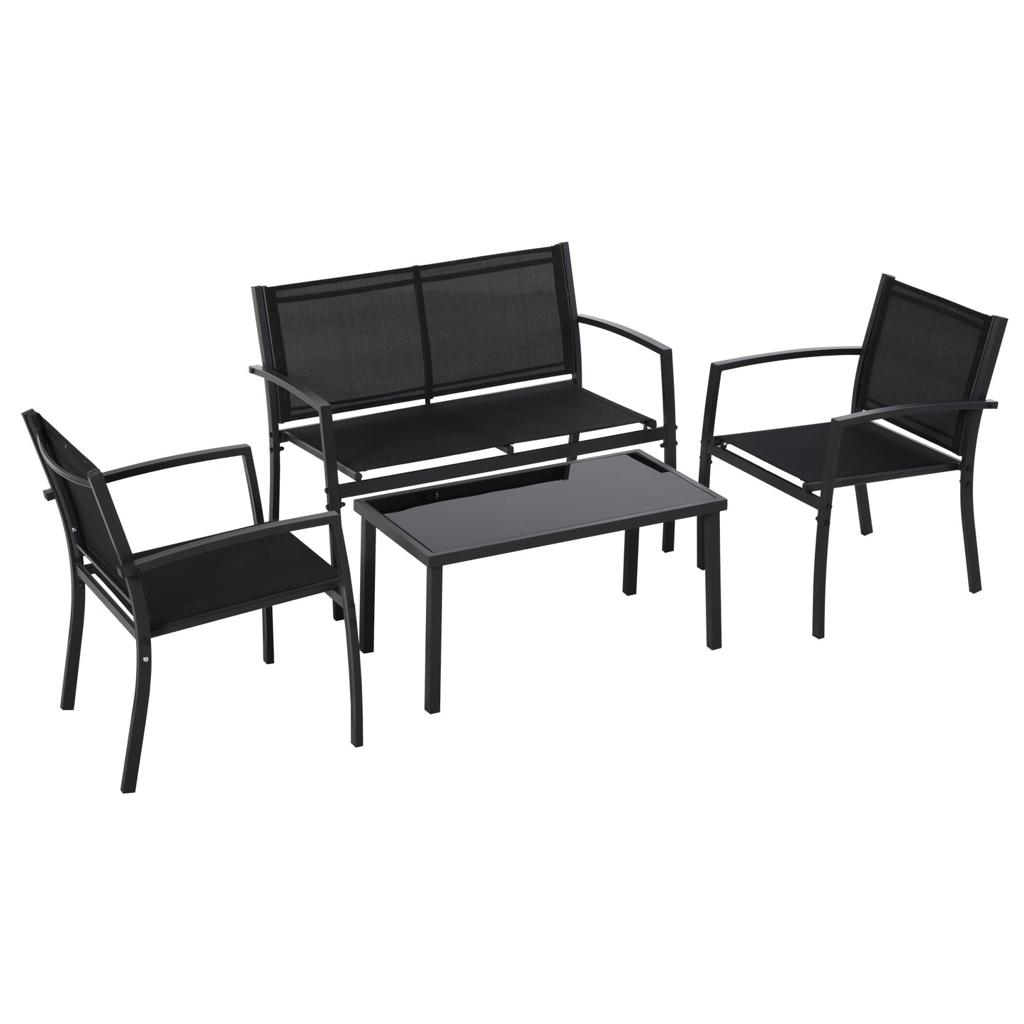 Outdoor Lounge Set, 4 Piece Set with 1 Coffee Table, 2 Garden Chairs and 1 Metal Bench, Black