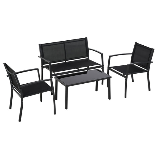 Outdoor Lounge Set, 4 Piece Set with 1 Coffee Table, 2 Garden Chairs and 1 Metal Bench, Black