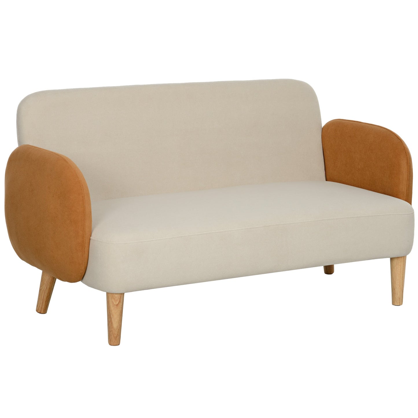 Nordic Style 2 Seater Sofa in Velvet Effect Fabric and Wood, 138x73x74 cm, Cream and Orange