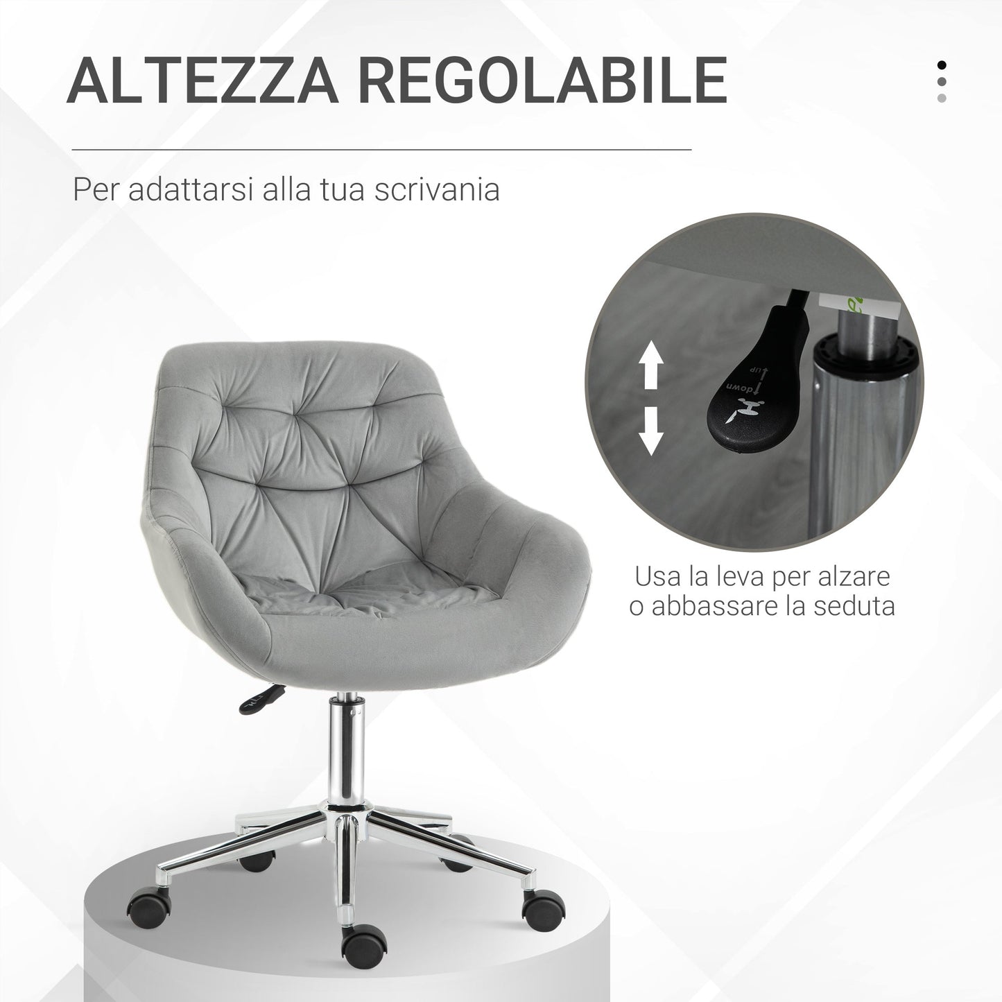 Ergonomic Swivel Office Chair with Adjustable Height and Wheels, Velvet Upholstery, 59x58x80-90cm, Grey