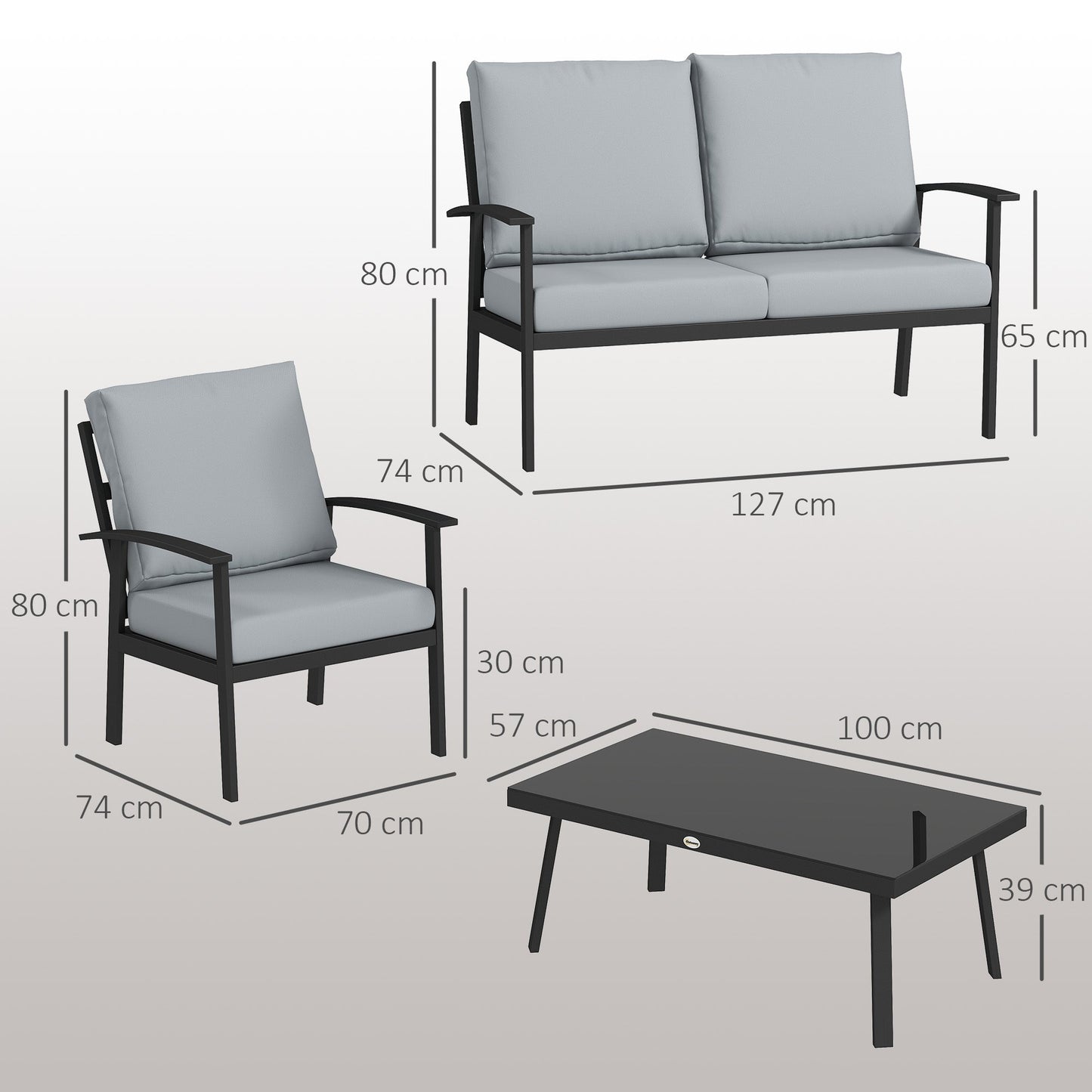DULA | 4 Piece Garden Set with 2 Armchairs, 2 Seater Sofa and Coffee Table, in Aluminum and Fiber, Charcoal Gray