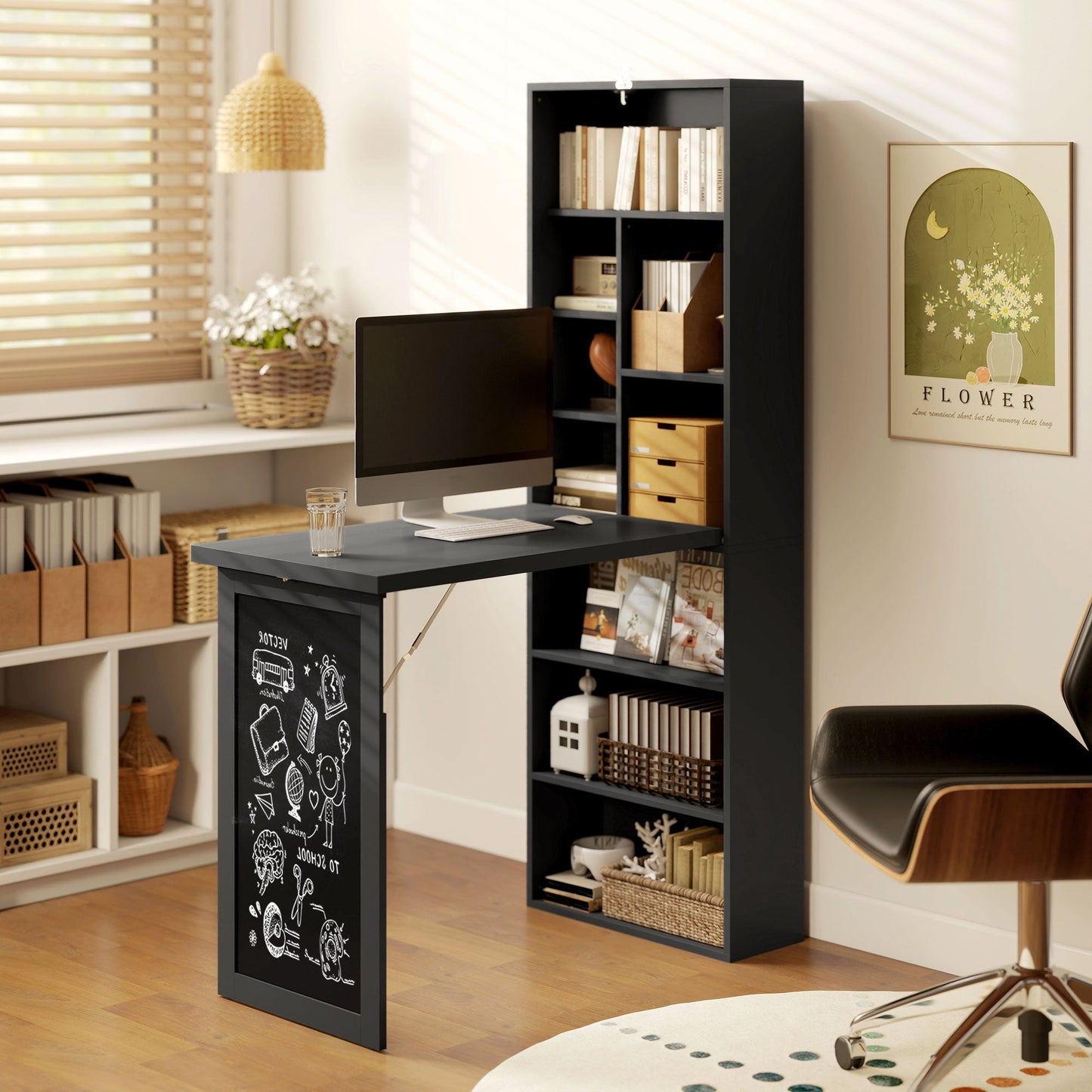 Modern Folding Desk with Bookshelf and Blackboard, Wood and Metal, 98x51x153 cm, Black