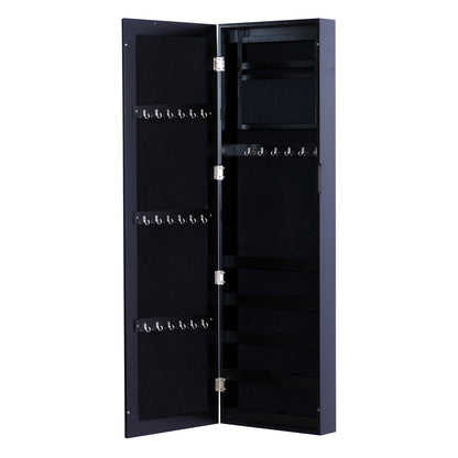 Wall Mounted Jewellery Cabinet with Hooks and Wooden Compartments, Jewellery Cabinet with Mirror for Earrings, Necklaces and Rings, 37x9.5x121 cm, Black