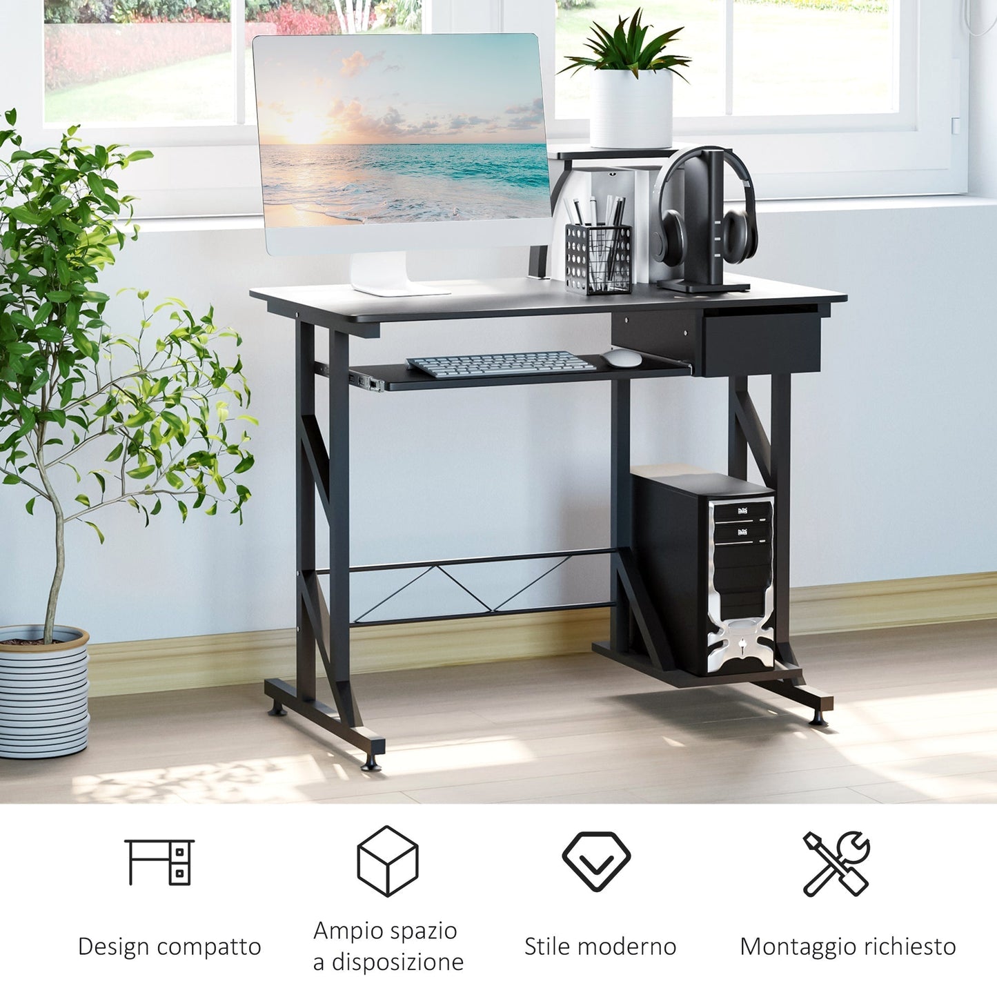 desk for computers saving in steel and wood with drawer, removable keyboard shelf