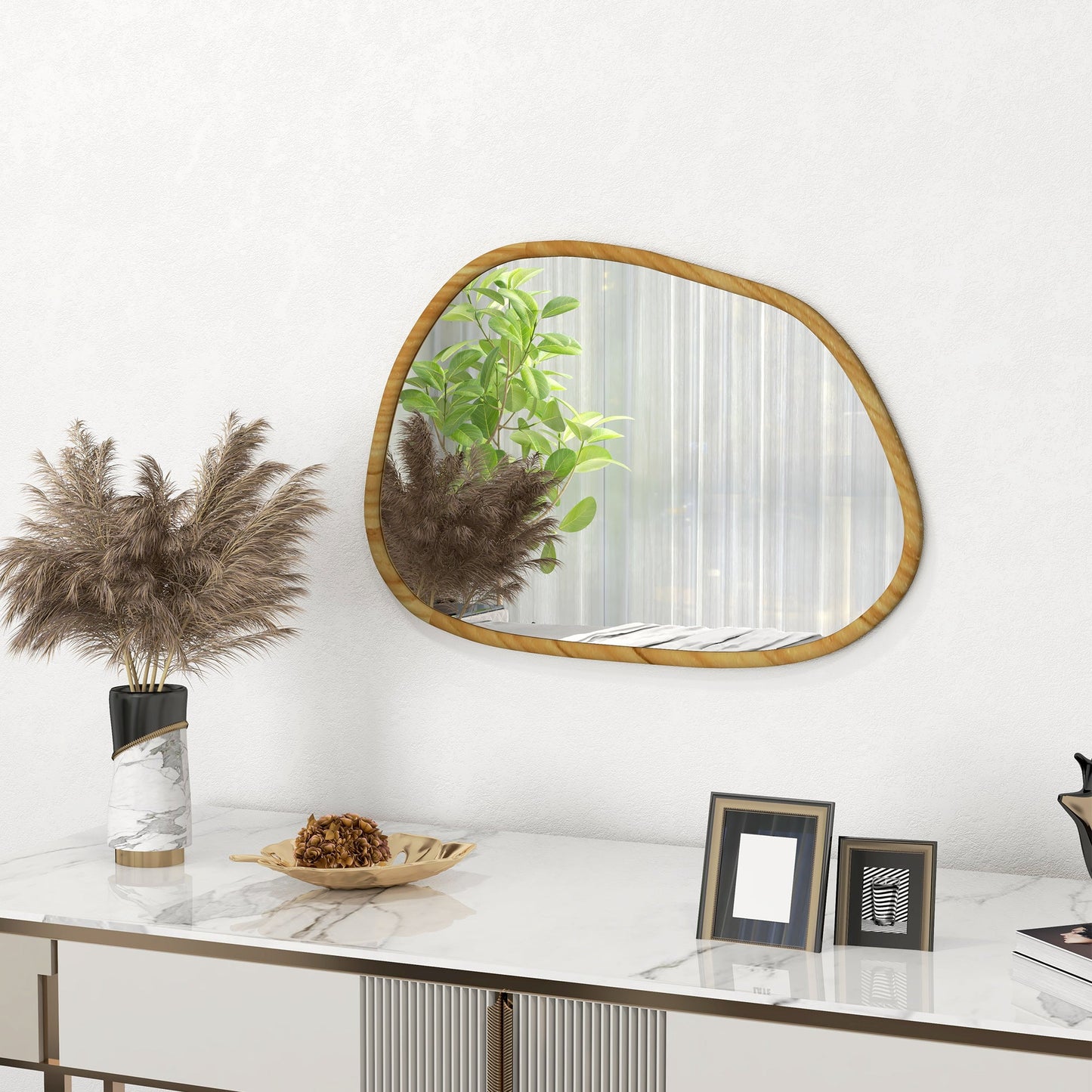 Modern Wall Mirror with Irregular Edges and Wooden Frame for Bedroom and Entrance, 80x60 cm