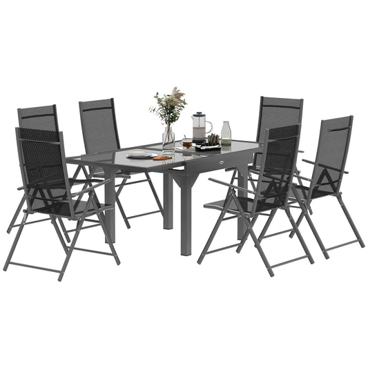 Garden Set with Extendable Glass Table and 6 Folding Outdoor Chairs, Steel and Textilene, Grey