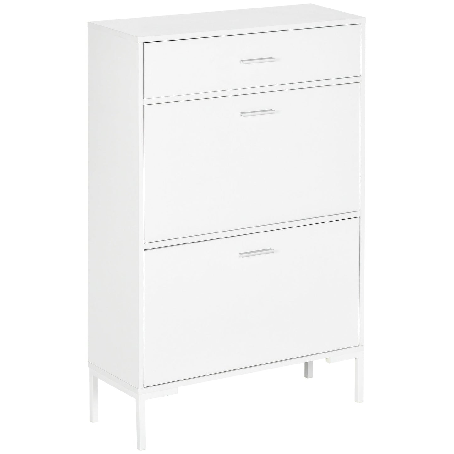 Modern Shoe Cabinet for 12 Pairs of Shoes with 2 Drop-Door and Drawer, 76x26x110 cm, White