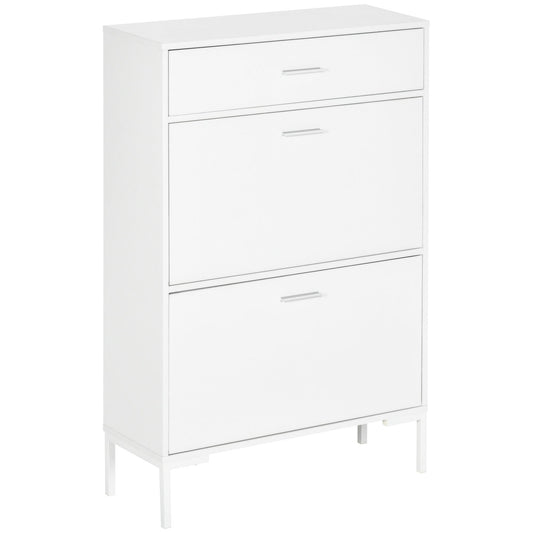 Modern Shoe Cabinet for 12 Pairs of Shoes with 2 Drop-Door and Drawer, 76x26x110 cm, White