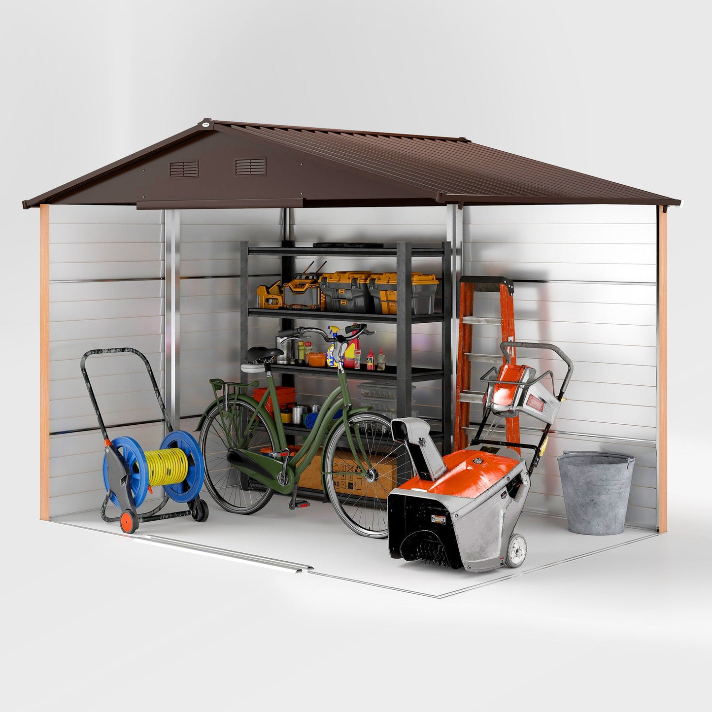 Garden Shed in Steel with Wood Effect and Double Sliding Doors, 278x195x215 cm, Brown
