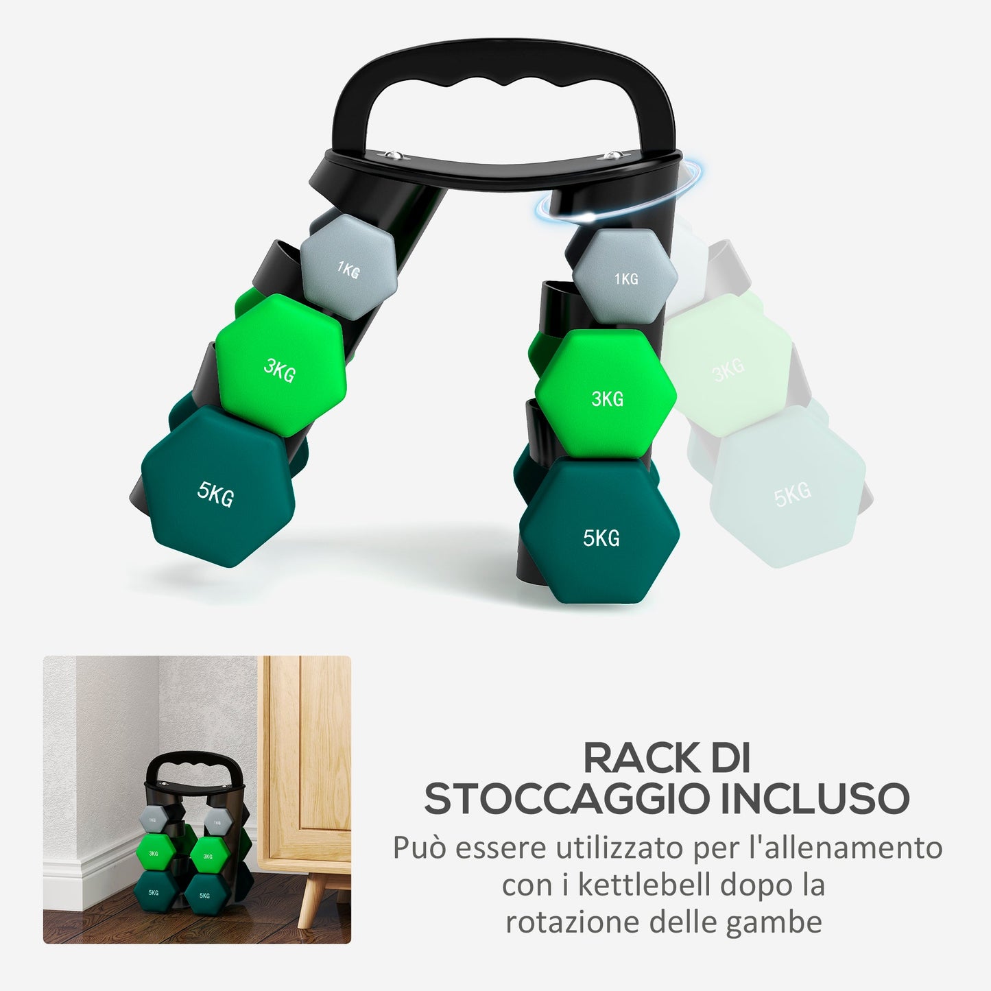 Dumbbell Set with Stand, 3 Pairs of Weights: 2 x 1 kg, 2 x 3 kg, 2 x 5 kg, Multicolored