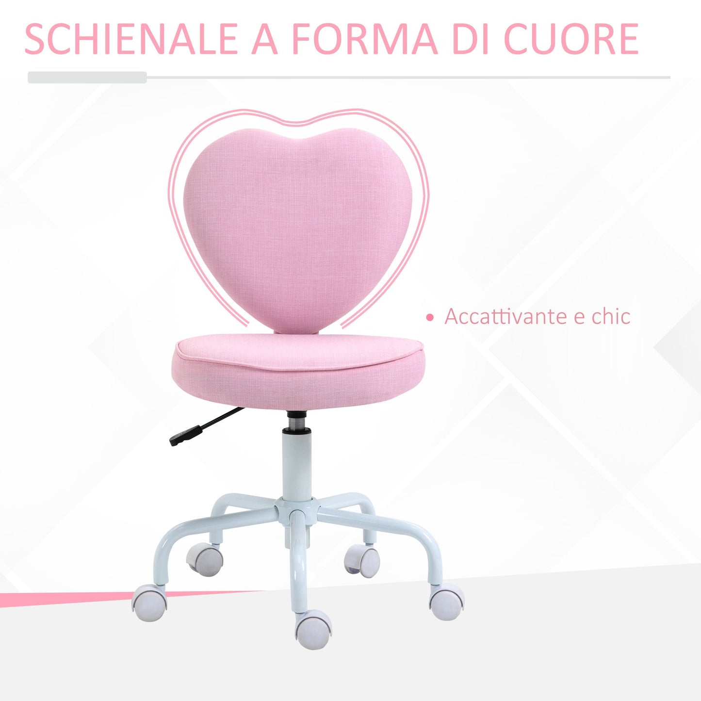 Heart-Shaped Desk Chair with 5 Wheels and Adjustable Height in Pink Fabric, 40x50x79-89cm