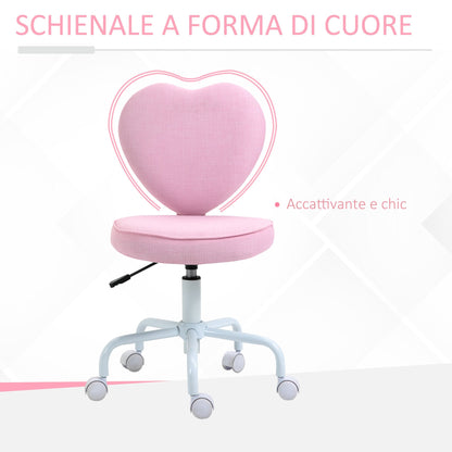 Heart-Shaped Desk Chair with 5 Wheels and Adjustable Height in Pink Fabric, 40x50x79-89cm
