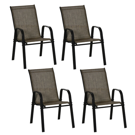Garden Chairs Set of 4, Stackable Outdoor Chairs in Metal and Breathable Fabric, Brown