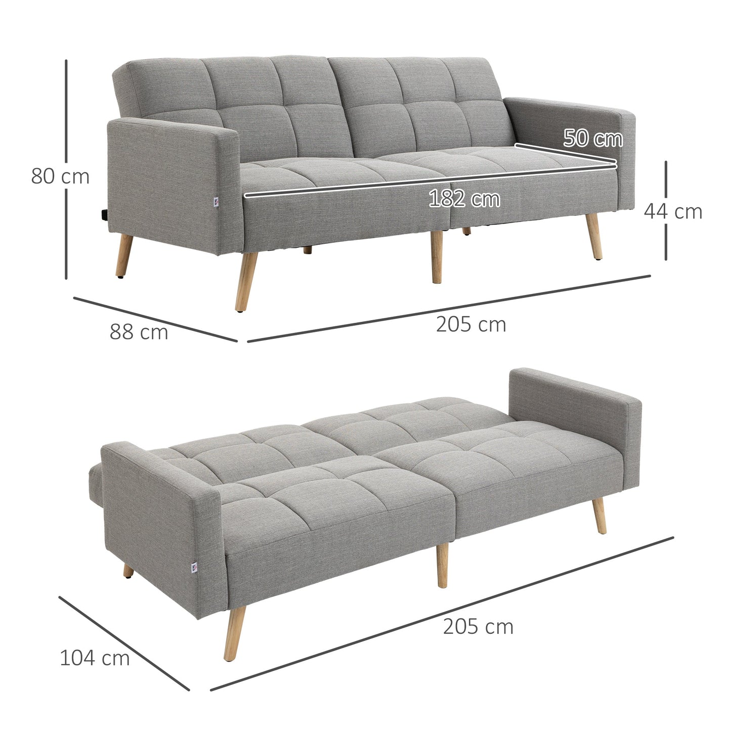 Grey Double Sofa Bed Breathable Linen and adjustable backrest | 205x95x80 cm