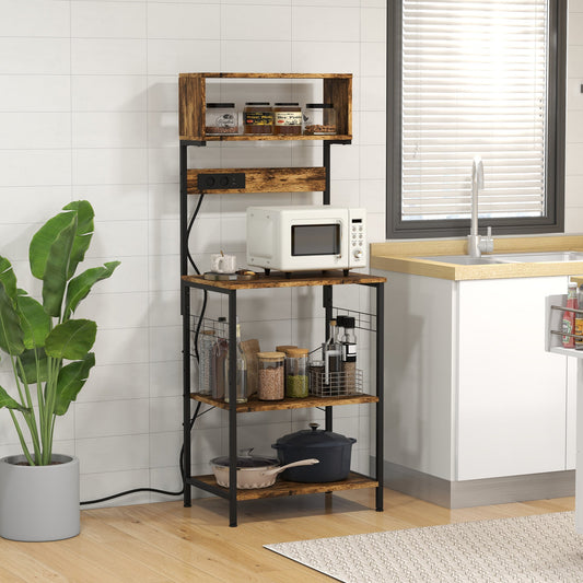 Kitchen Shelf with Power Socket, Shelves and Hooks Industrial Style, 60x42x153cm, Brown