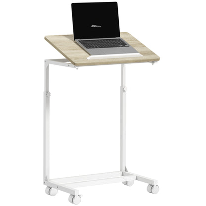 Adjustable Work Table with Tilting Top and 4 Wheels, in Wood and Metal, 55x36x62.5-82.5 cm, White and Oak