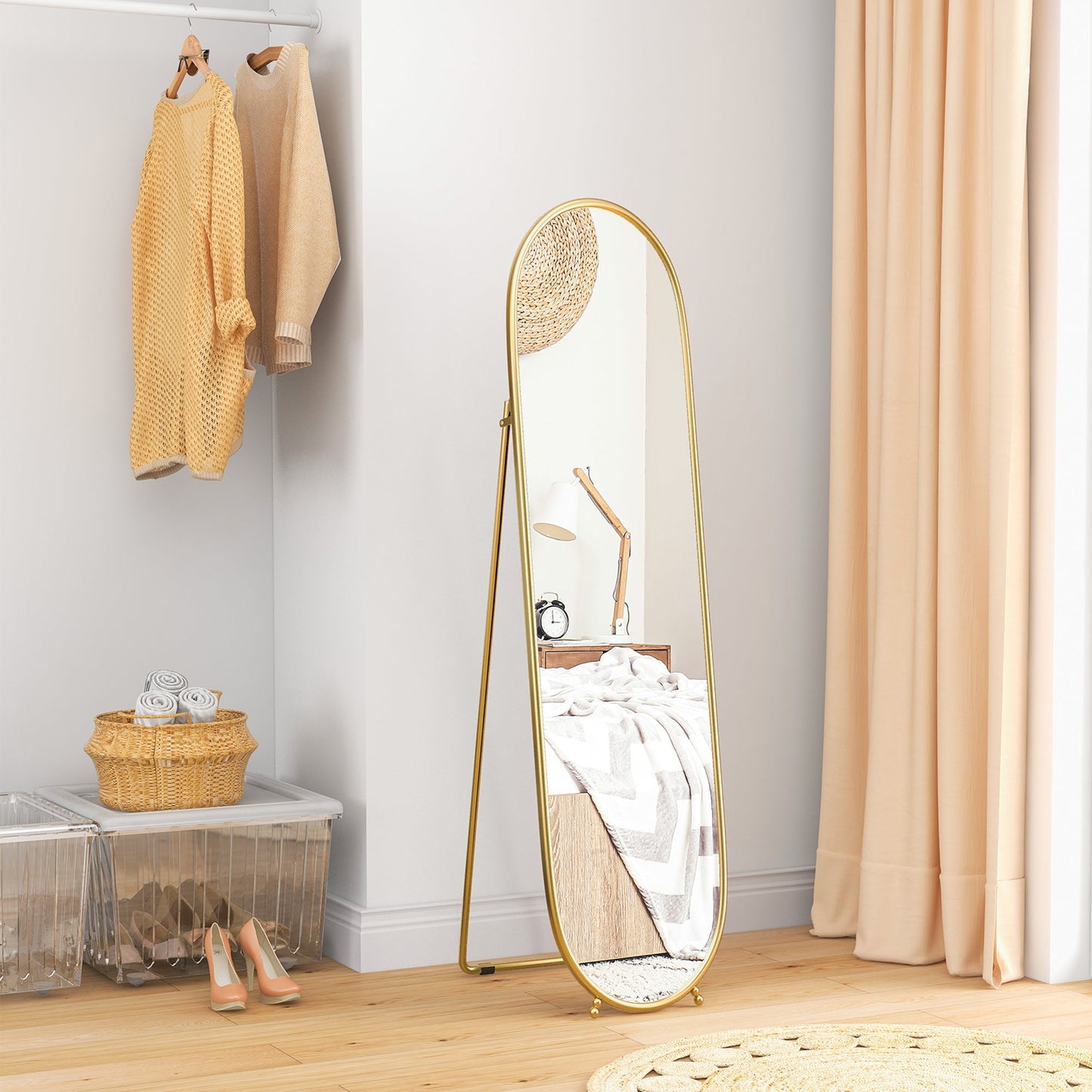 Oval Vertical Floor Mirror with Stand, in Glass and Metal, 40x41x159 cm, Gold Tone