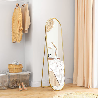 Oval Vertical Floor Mirror with Stand, in Glass and Metal, 40x41x159 cm, Gold Tone