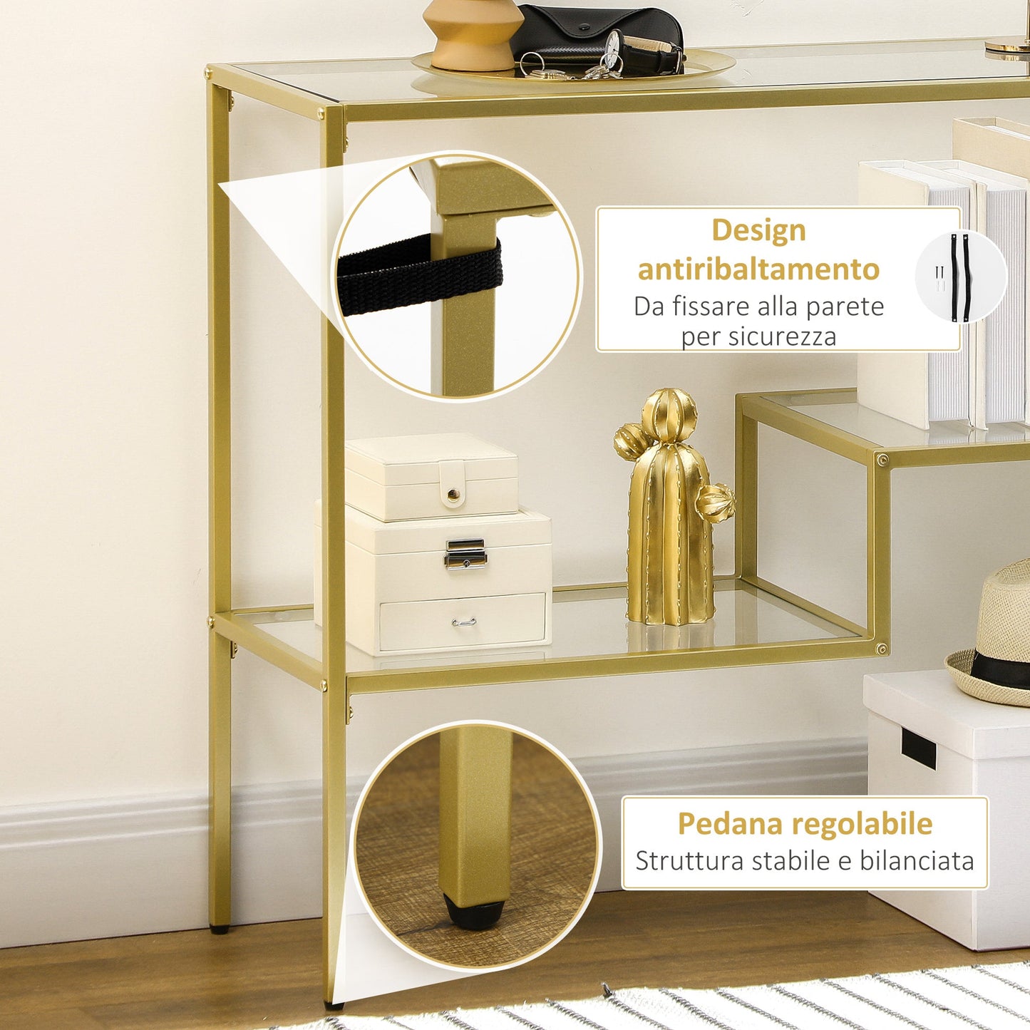 3-Tier Steel and Tempered Glass Entryway Console Table, 100x32x76 cm, Gold