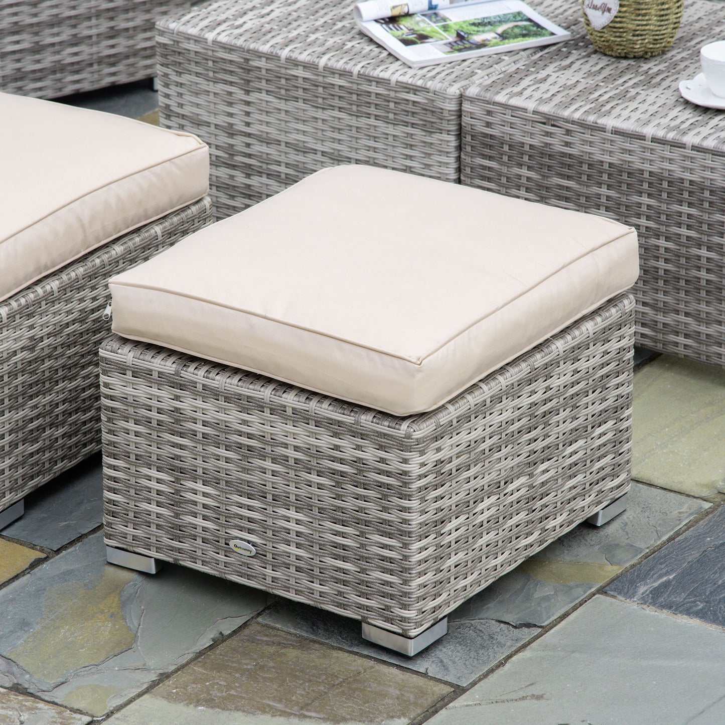 8-Piece PE Rattan Garden Lounge Set with Armchairs, Coffee Tables and Stools, Beige