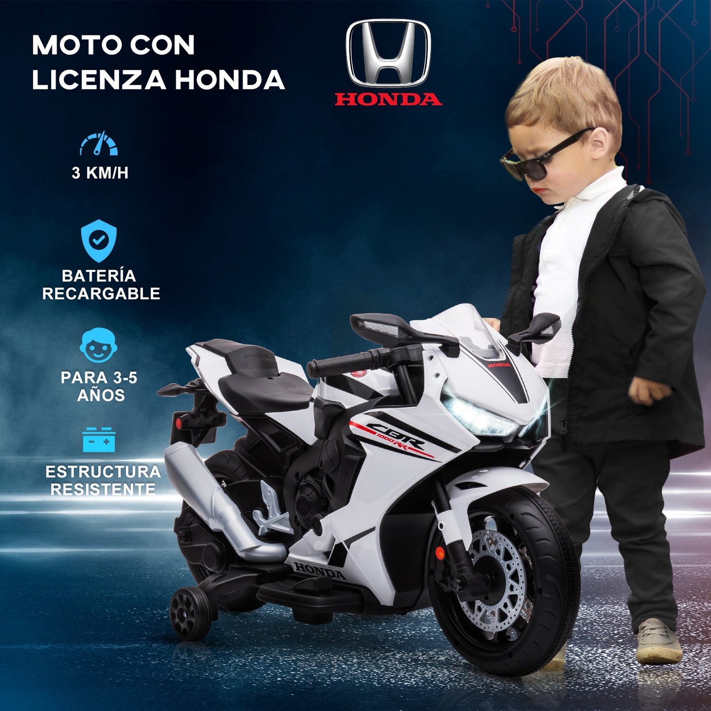 Honda Licensed Electric Motorcycle for Kids, 6V Rechargeable Battery, 3km/h Speed, White