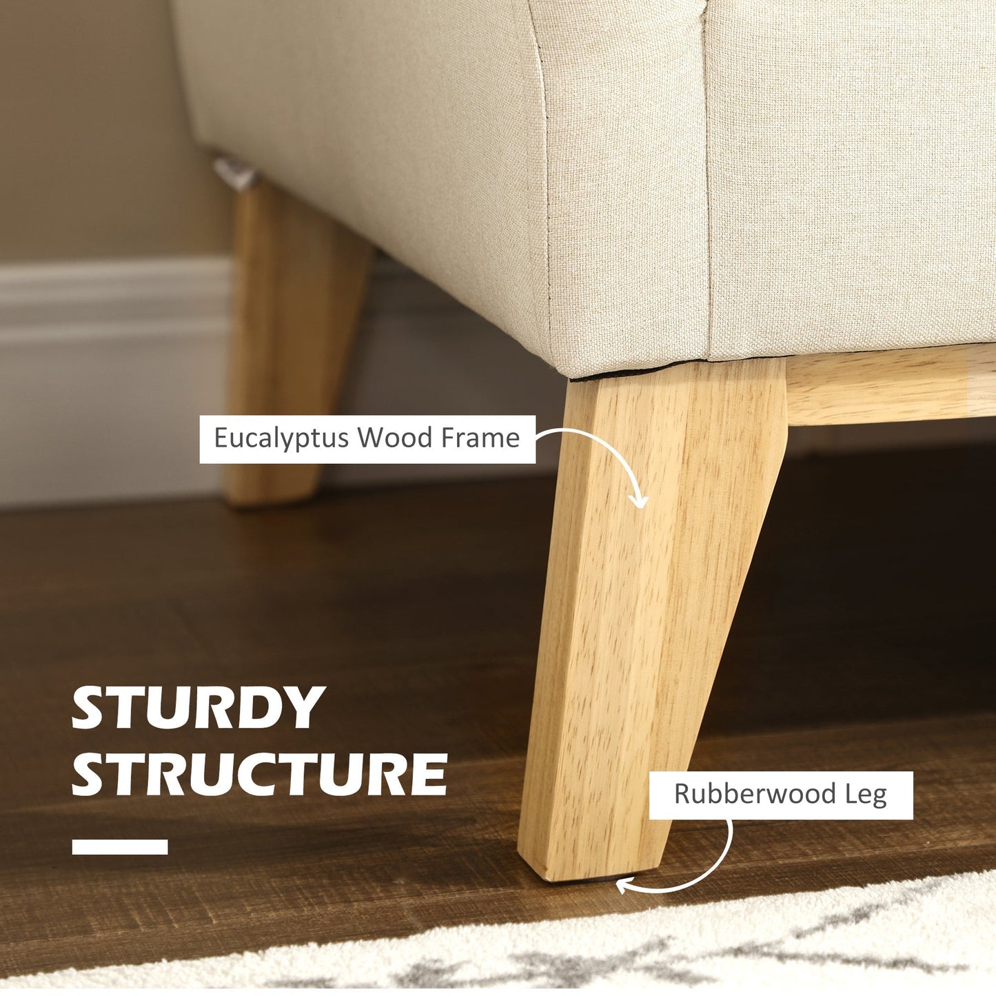 2-Seater Sofa in Eucalyptus Wood and Linen-Effect Fabric with 2 Cushions, 137x78x78 cm, Beige
