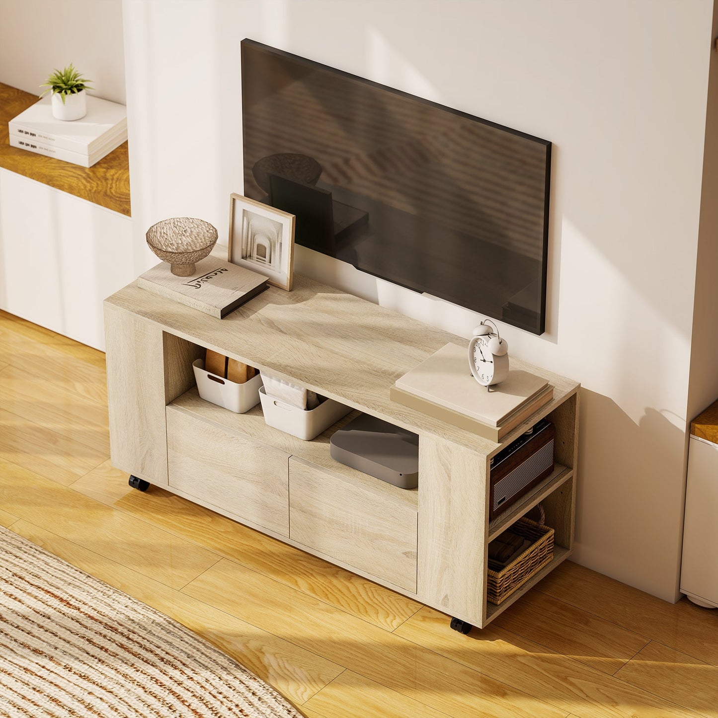 42" TV Stand with Swivel Wheels and Brake, Adjustable Shelves and Drawers, 102x34.5x48.5 cm, Wood