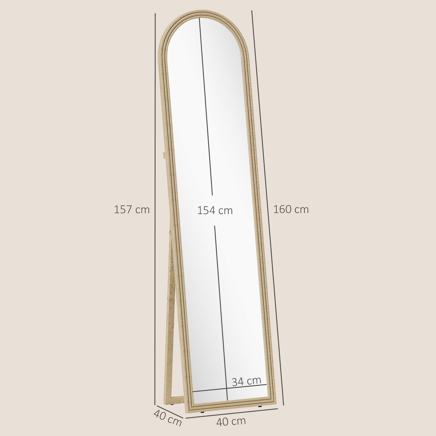 Full-Length Floor and Wall Mirror with Easel, Stone Effect and Arch Shape, 40x160 cm, Beige