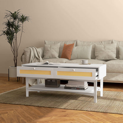 Boho Coffee Table with 2 Drawers and Shelf, Rattan and Chipboard, 120x50x50 cm, White and Wood Color