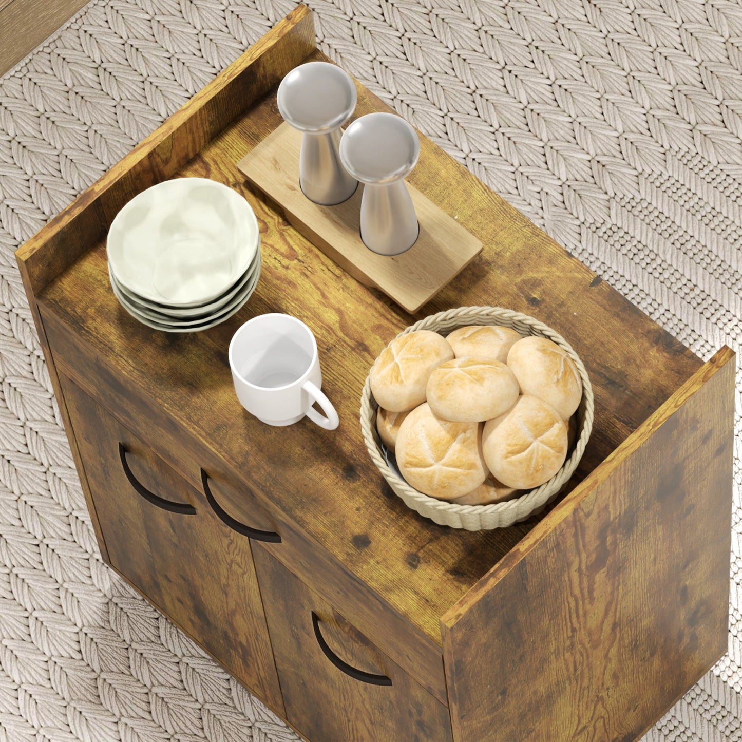 Kitchen Trolley with Drawer, Cabinet and 4 Wooden Wheels, 60x40x77cm, Rustic Brown