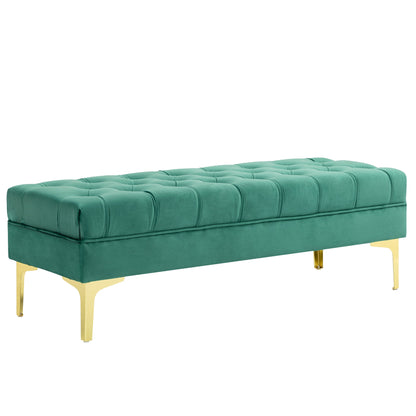 Padded Bed End Bench with Quilted Velvet Fabric Covering, 118x45x42 cm, Dark Green