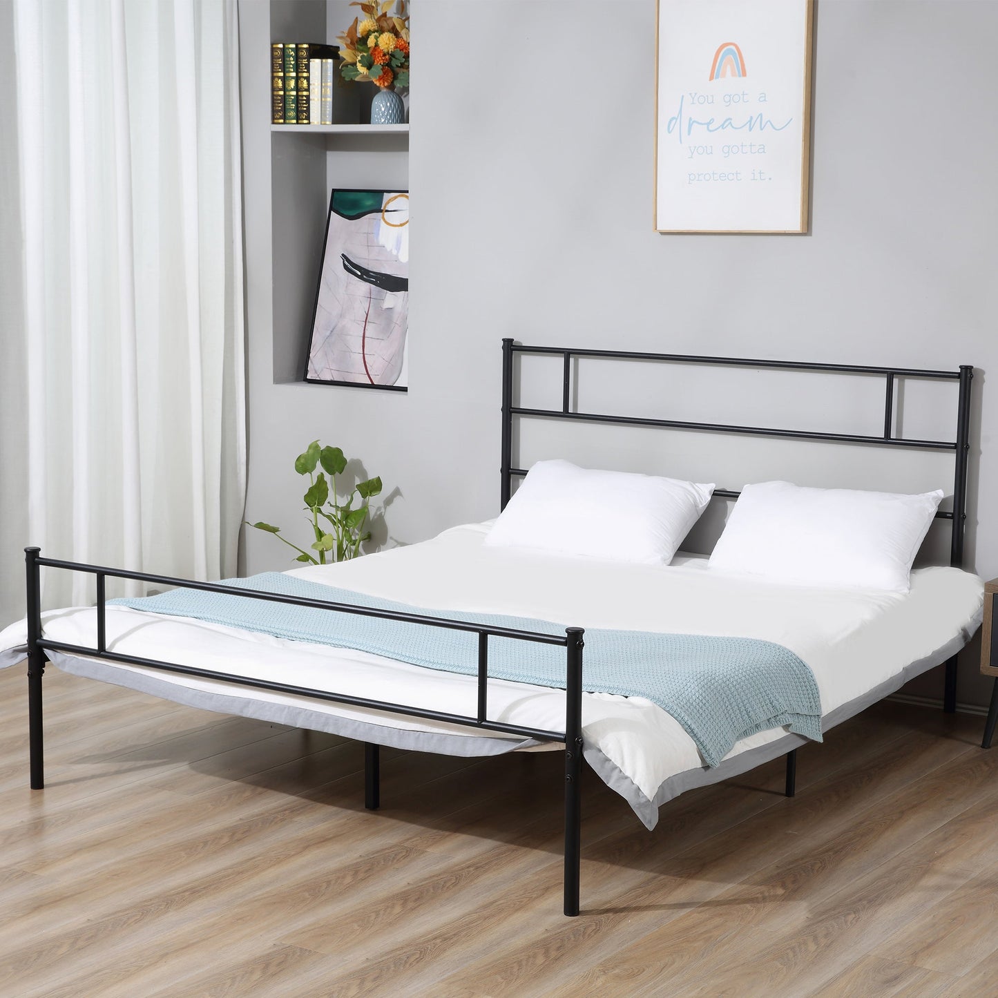 Queen Size Steel Bed Frame 140x200cm with Slats, Headboard and Footboard