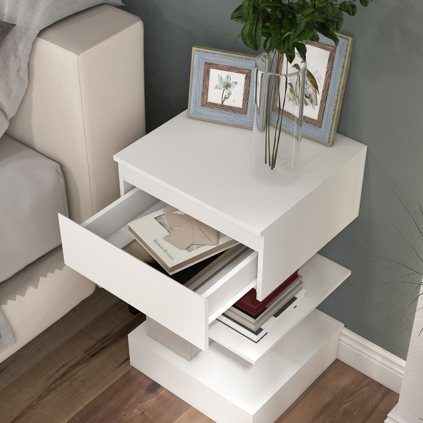 Modern Bedside Table in Chipboard and MDF with a Drawer and 2 Shelves, 39x39x65 cm, White