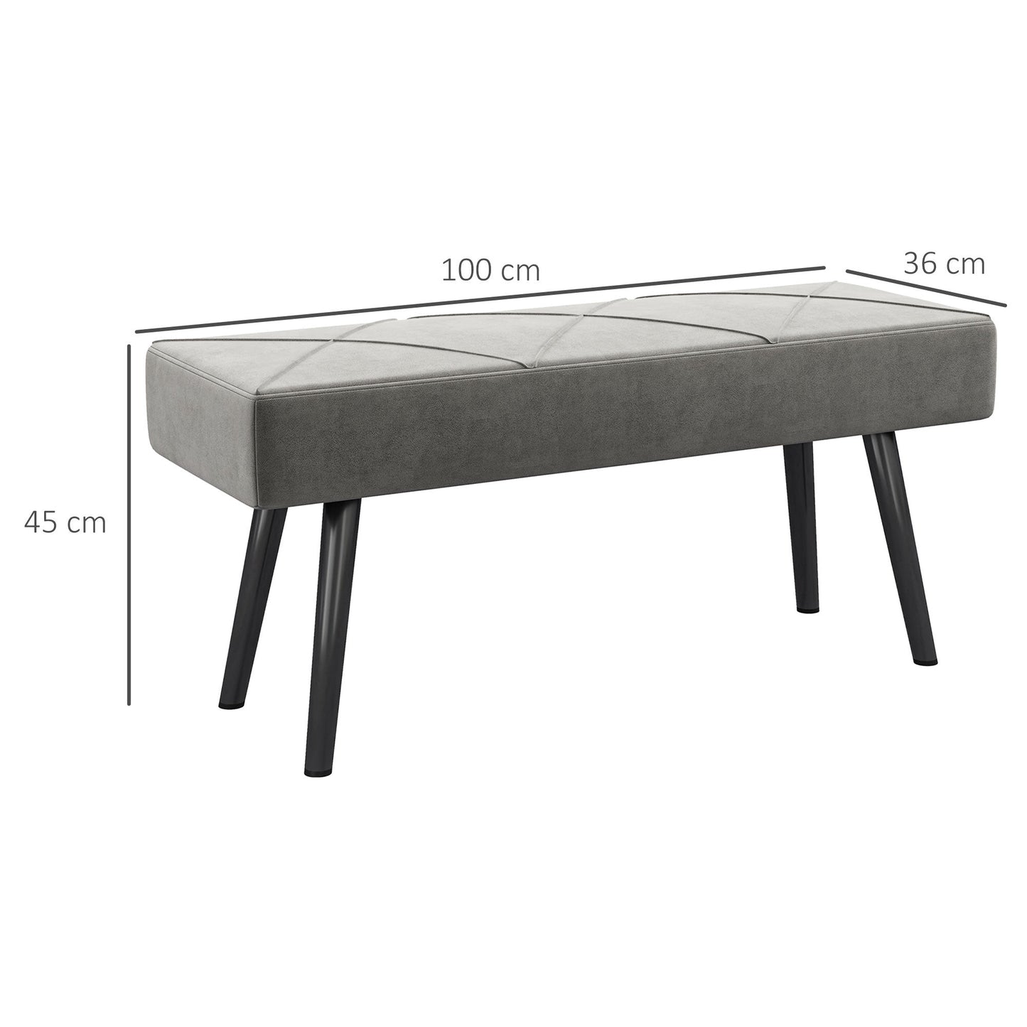 Velvet Upholstered Bench with Steel Legs, 100x36x45cm, Grey