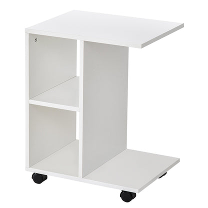 C-Shaped Coffee Table with 2 Open Shelves and 4 Swivel Wheels, in MDF and PE, 45x35x58 cm, White