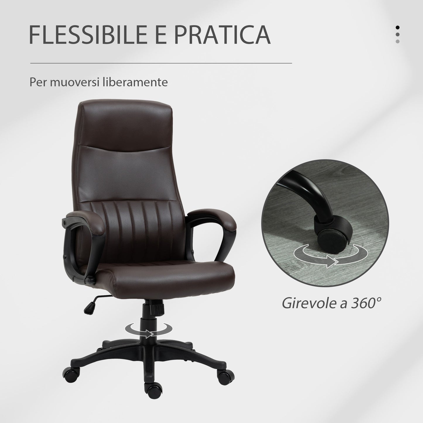 Ergonomic Office Chair, Swivel Chair with High Back and Rocking, Adjustable Height and Wheels, 61.5x66x113-123cm, Brown
