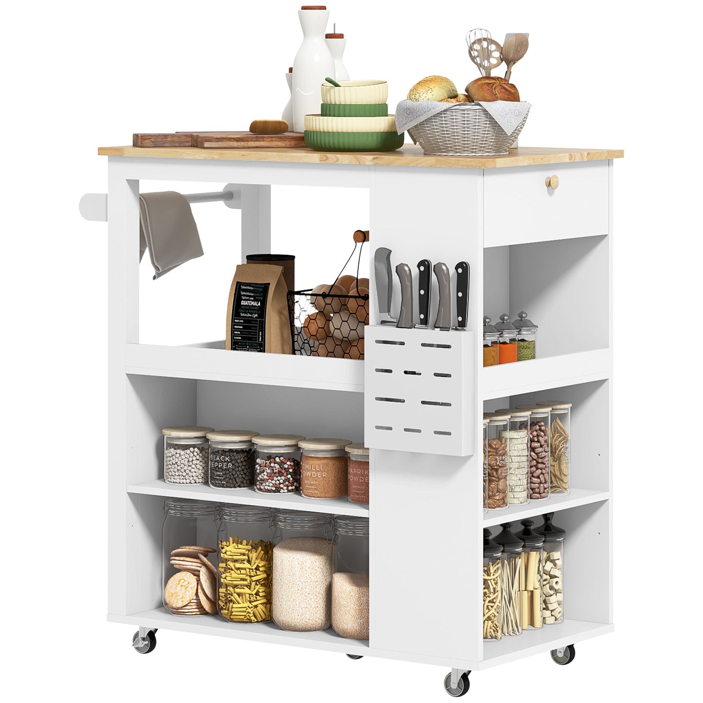 Kitchen Island Cart with Adjustable Shelves, Knife Holder and Wooden Top, 86.5x47x88 cm, White