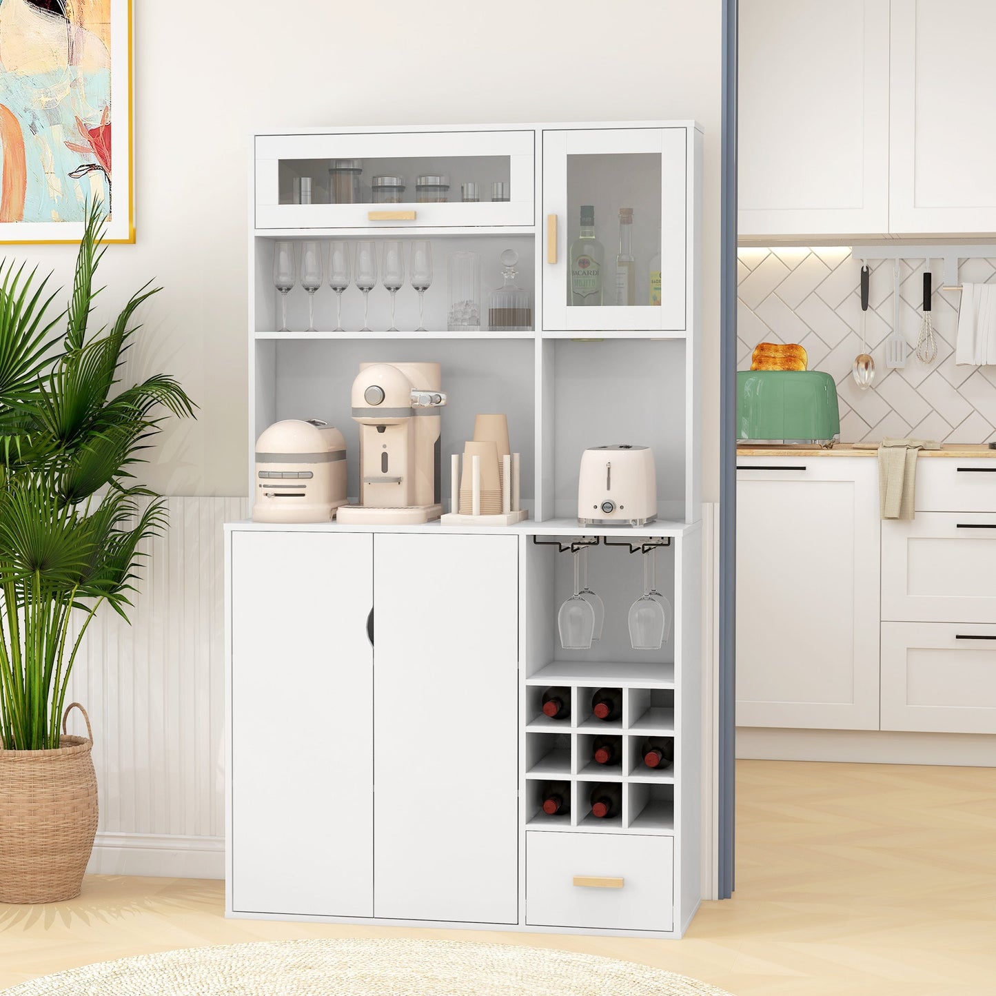 Mobile Pantry with Bottle Holder, Cabinets, Shelves and Drawer, in Chipboard and Wood, 100x38x172 cm, White