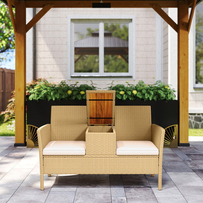 Garden Bench with Drop-Leaf Table Storage, in Rattan and Steel, 134x58x82 cm, Cream and Khaki