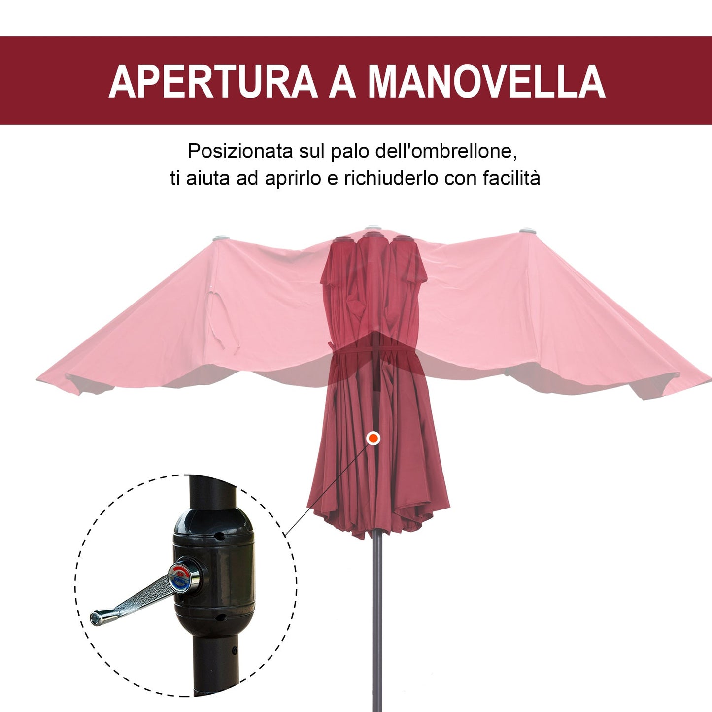 Double Garden Umbrella with Crank Opening, in Steel and Polyester, 460x270x240 cm, Red