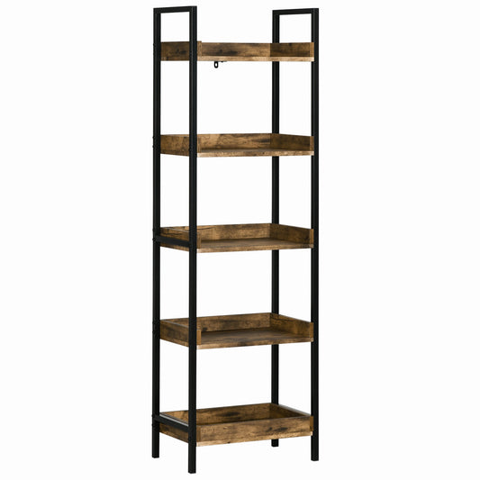 Industrial Style 5-Tier Wood and Metal Bookcase, 48x30x155cm, Rustic Brown
