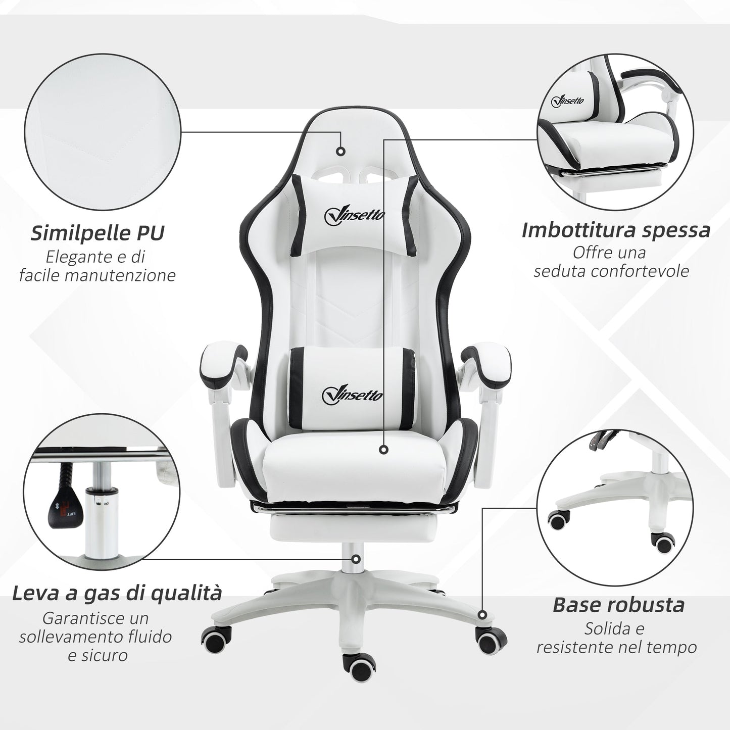Gaming Chair with Adjustable Height and Reclining Backrest, 65x65x121-129 cm, Black and White