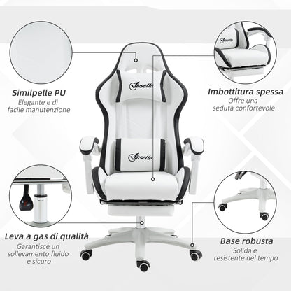 Gaming Chair with Adjustable Height and Reclining Backrest, 65x65x121-129 cm, Black and White