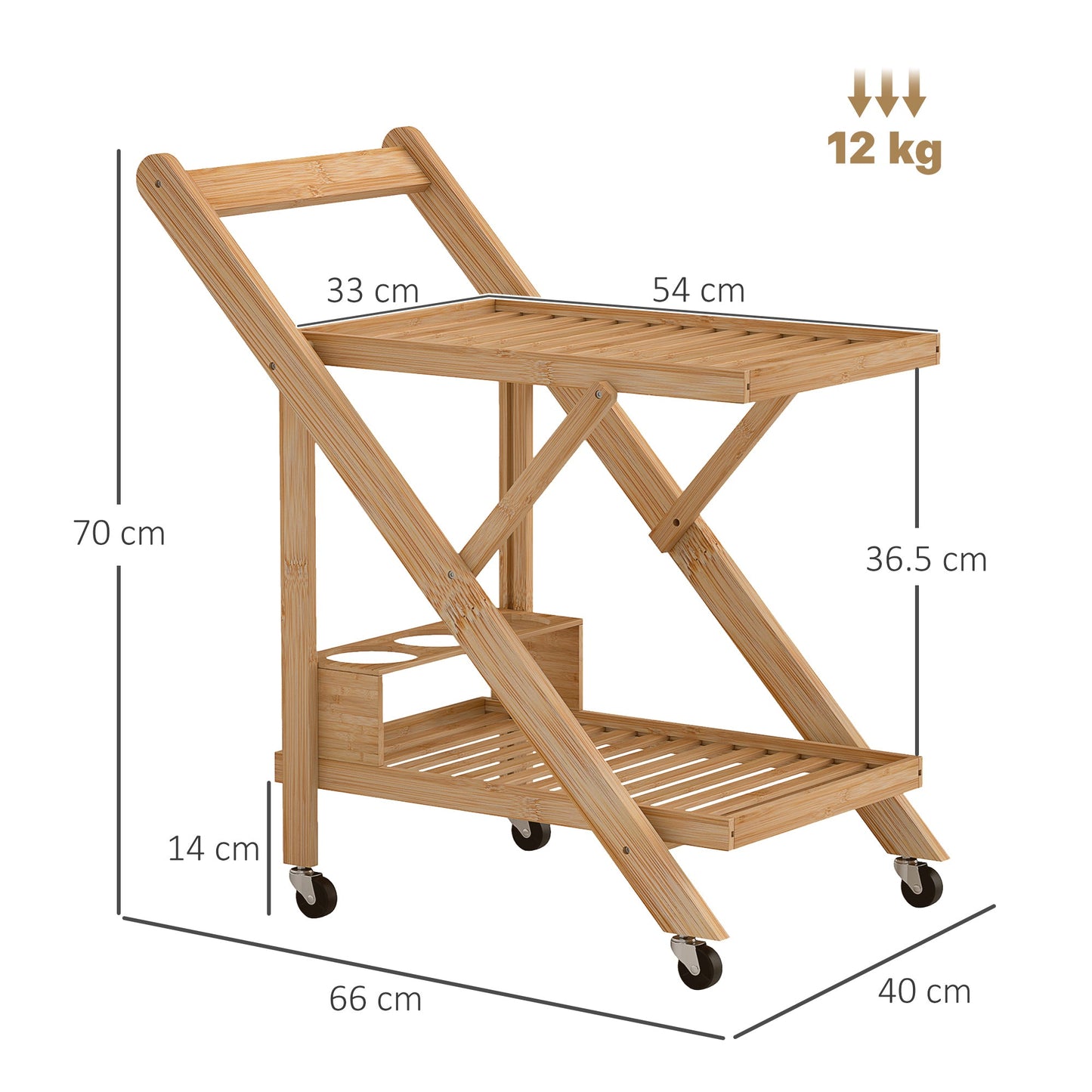 2-Tier Folding Kitchen Trolley with Bamboo Bottle Holder