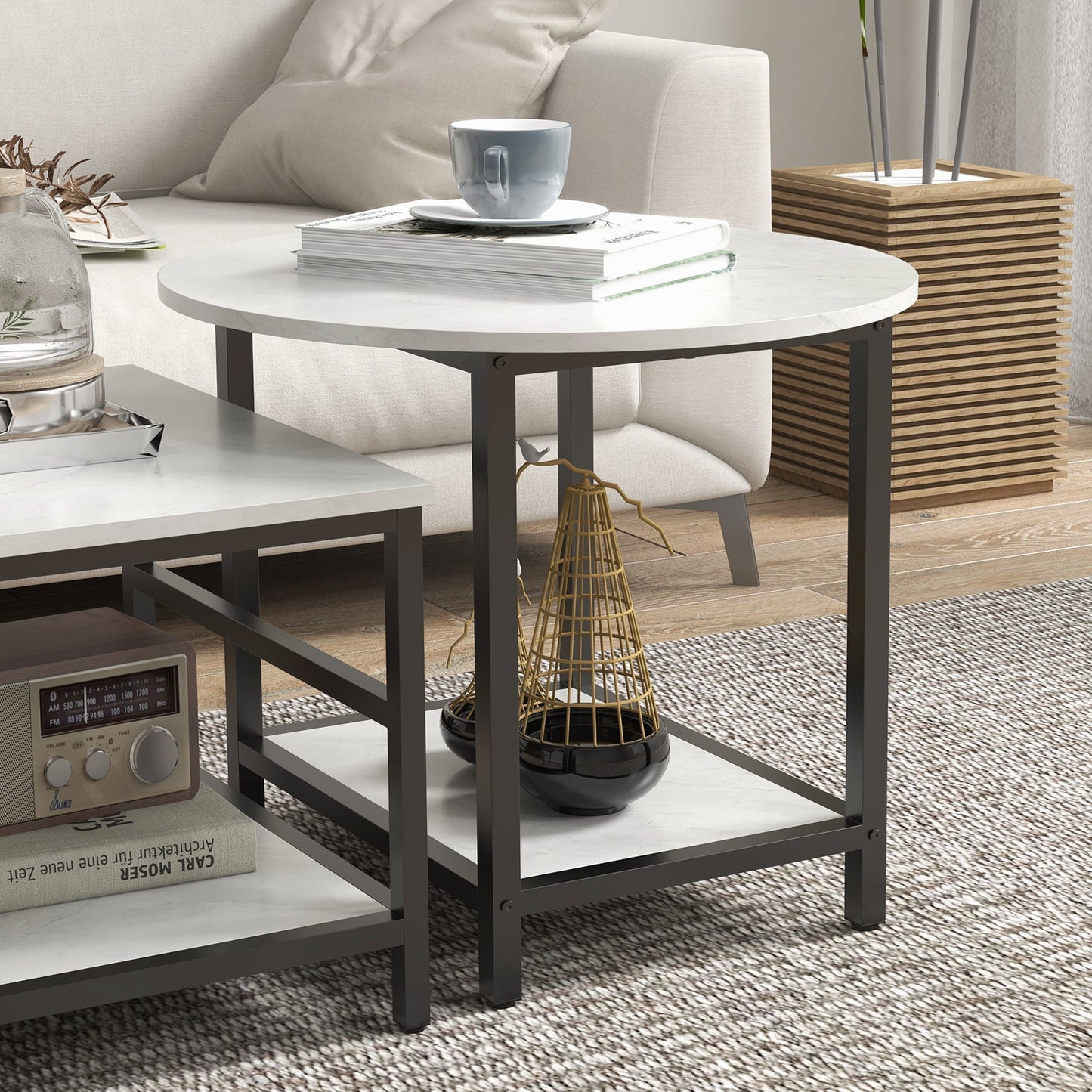2-Tier Coffee Tables Set in Chipboard and Steel with Marble Effect Top, Black and White