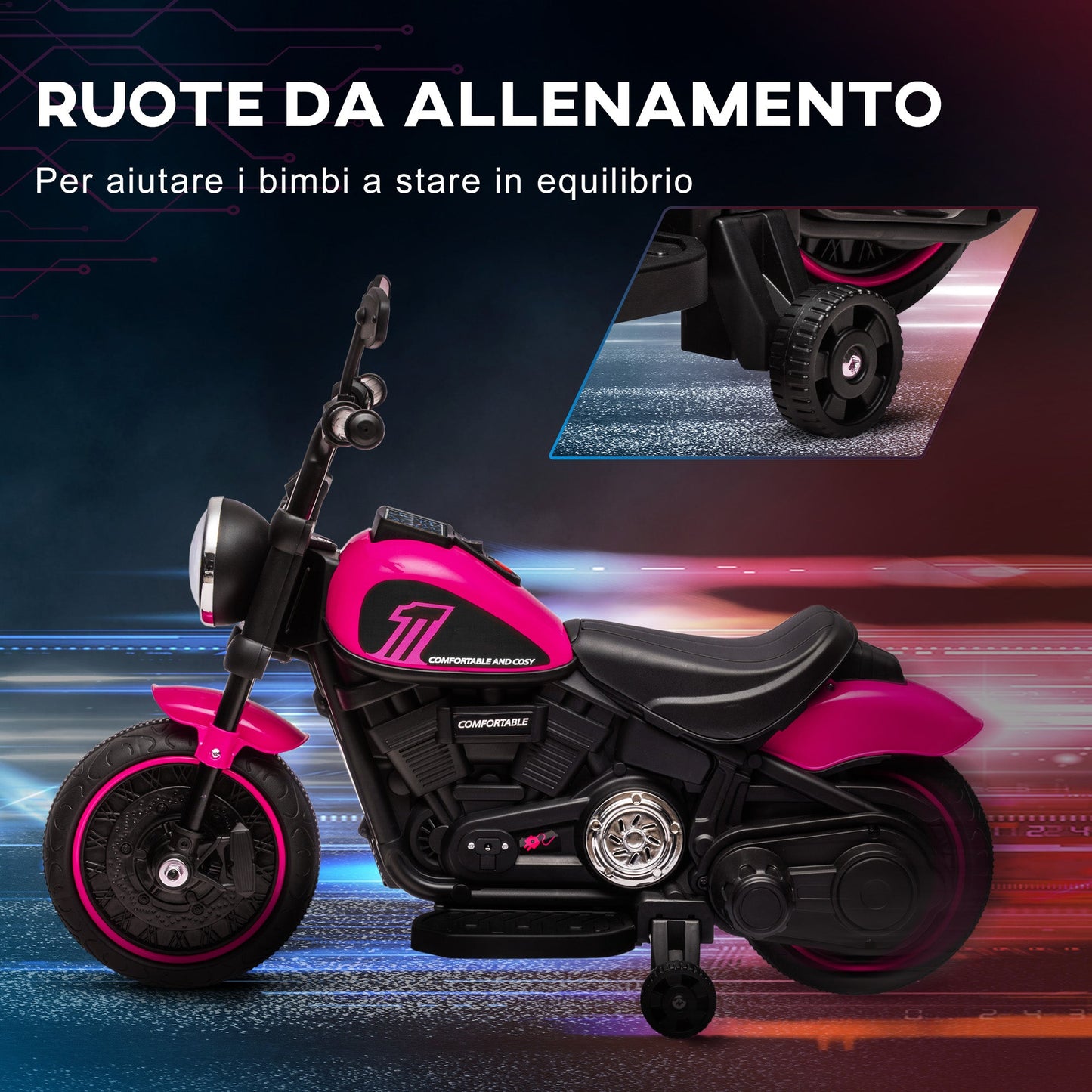 Electric Motorcycle for Children 18-36 Months with Wheels and Headlight, 76x42x57 cm, Pink and Black