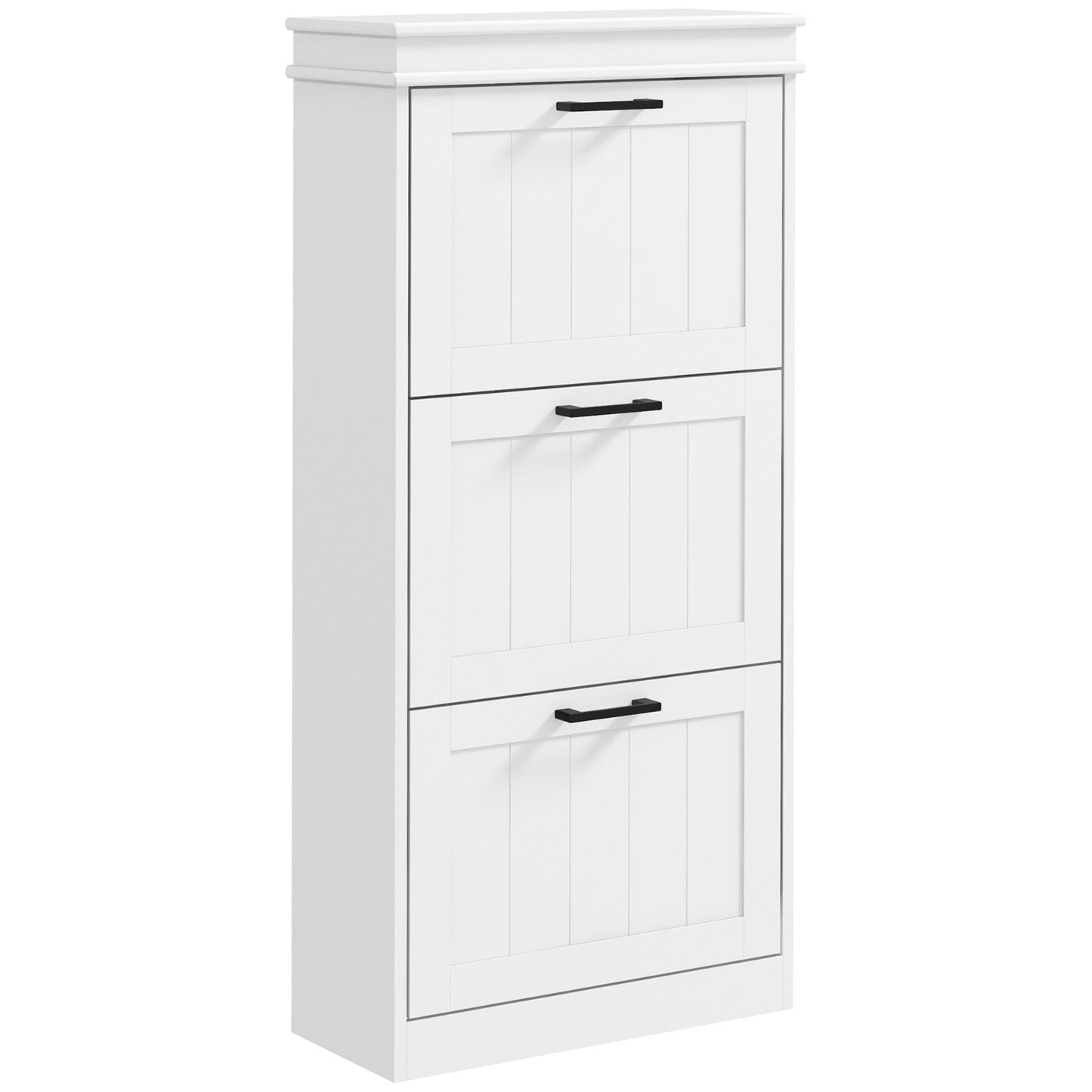 Modern Shoe Rack with 3 Tilting Drawers for 15 Pairs of Shoes and Adjustable Shelf, 54x24x117.5cm, White
