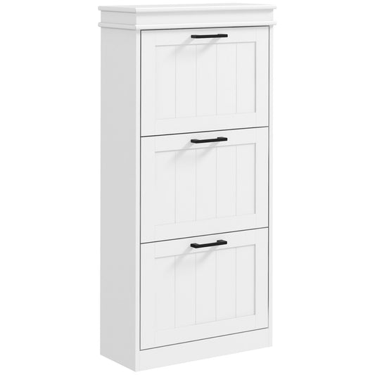 Modern Shoe Rack with 3 Tilting Drawers for 15 Pairs of Shoes and Adjustable Shelf, 54x24x117.5cm, White