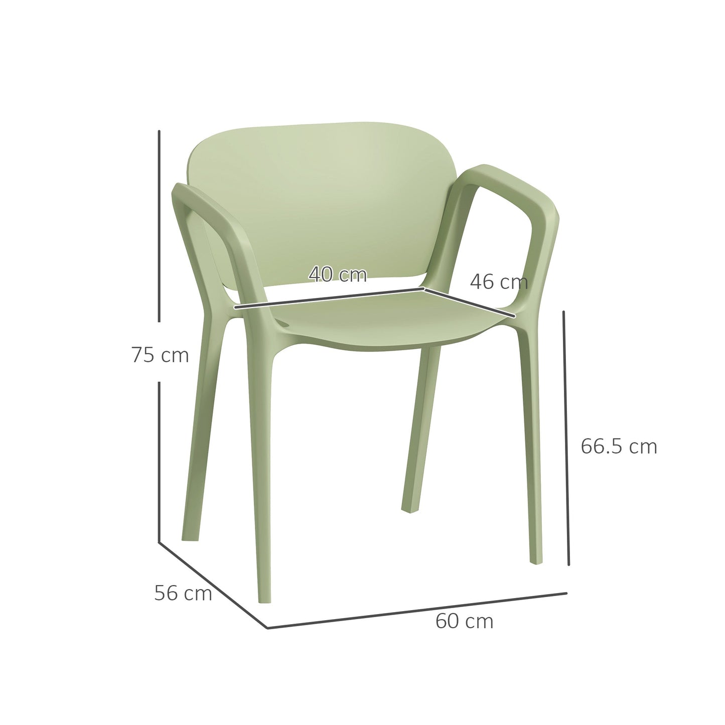 Set of 4 Stackable Garden Chairs in PP with Modern Design with Armrests 60x56x75 cm, Green
